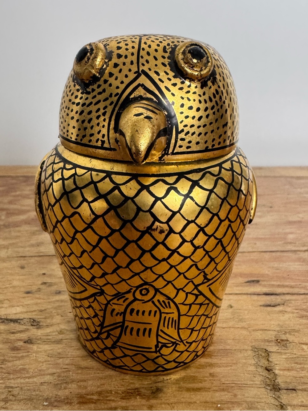 Vintage Lacquered wood owl-shaped container with 24-karat gold leaf decoration